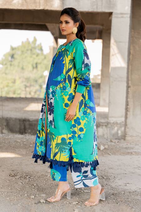 Pooja-Keyur_Blue Cotton Satin Tassels Round Neck Floral Paradise Print Kurta With Pant_Online_at_Aza_Fashions