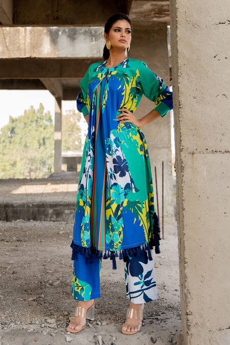 Shop_Pooja-Keyur_Blue Cotton Satin Tassels Round Neck Floral Paradise Print Kurta With Pant_Online_at_Aza_Fashions