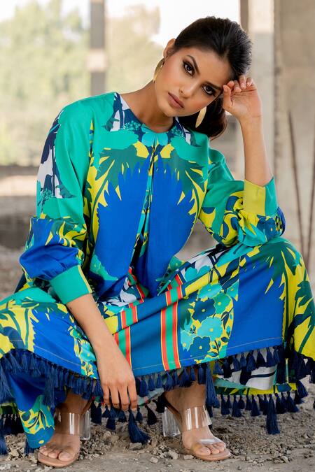 Pooja-Keyur_Blue Cotton Satin Tassels Round Neck Floral Paradise Print Kurta With Pant_at_Aza_Fashions