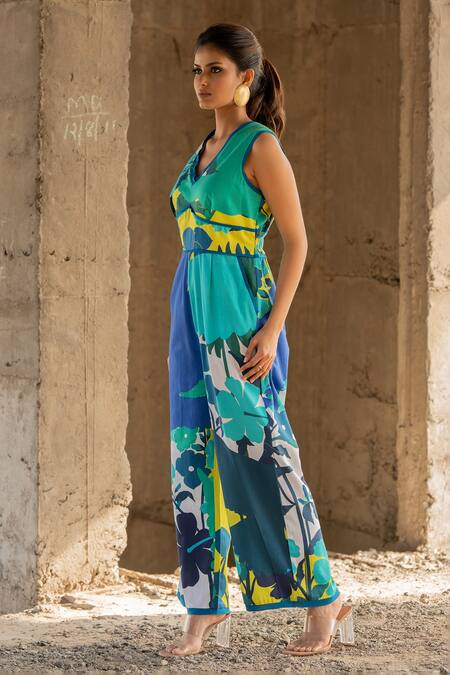 Pooja-Keyur_Blue Cotton Satin V-neck Abstract Paradise Print Jumpsuit_Online_at_Aza_Fashions