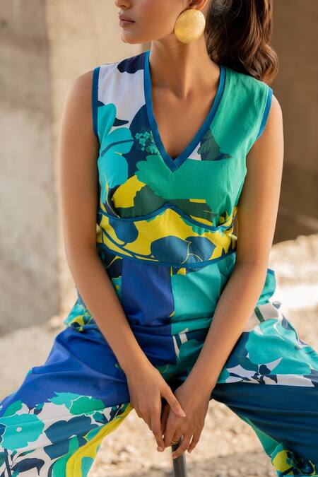 Shop_Pooja-Keyur_Blue Cotton Satin V-neck Abstract Paradise Print Jumpsuit_Online_at_Aza_Fashions