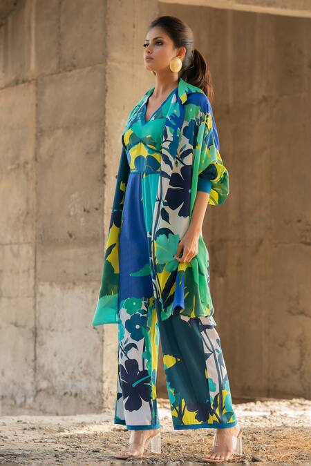 Pooja-Keyur_Blue Organza Collared Abstract Paradise Print Overlay Jacket_Online_at_Aza_Fashions