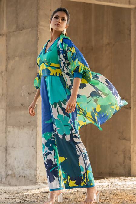 Buy_Pooja-Keyur_Blue Organza Collared Abstract Paradise Print Overlay Jacket_Online_at_Aza_Fashions