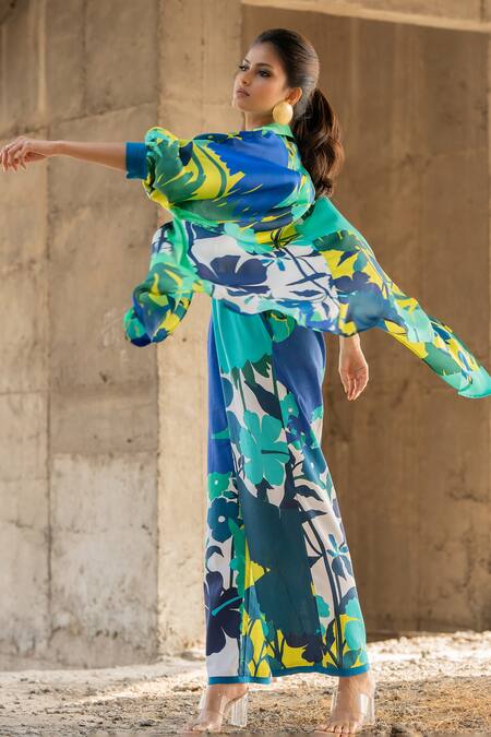 Shop_Pooja-Keyur_Blue Organza Collared Abstract Paradise Print Overlay Jacket_Online_at_Aza_Fashions