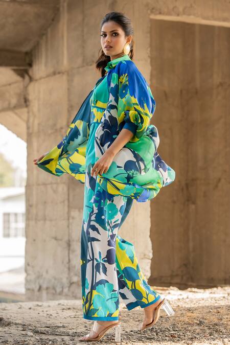 Pooja-Keyur_Blue Organza Collared Abstract Paradise Print Overlay Jacket_at_Aza_Fashions