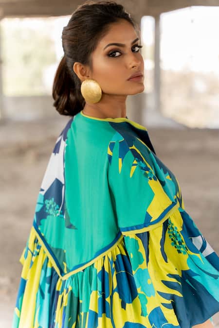 Buy_Pooja-Keyur_Blue Cotton Satin V-neck Paradise Print Dress_Online_at_Aza_Fashions