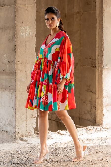 Pooja-Keyur_Multi Color Cotton Satin V-neck Abstract Splash Print Dress_Online_at_Aza_Fashions