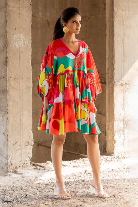Buy_Pooja-Keyur_Multi Color Cotton Satin V-neck Abstract Splash Print Dress_Online_at_Aza_Fashions
