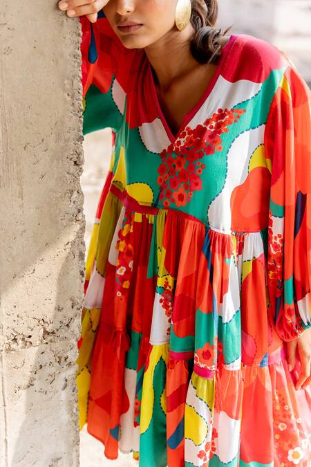 Shop_Pooja-Keyur_Multi Color Cotton Satin V-neck Abstract Splash Print Dress_Online_at_Aza_Fashions