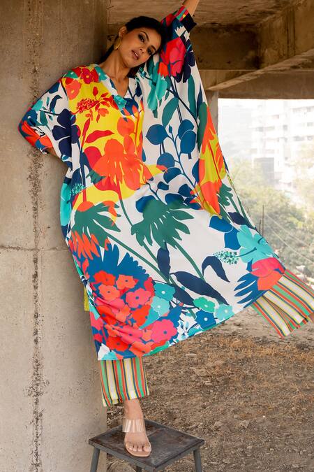 Shop Pooja-Keyur Blue , Cotton Embroidery Paradise Floral Print Kaftan With Pant Online at Aza Fashions Shop_Pooja-Keyur_Blue , Cotton Embroidery Paradise Floral Print Kaftan With Pant_Online_at_Aza_Fashions