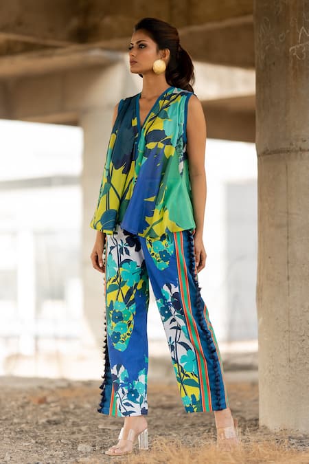 Buy_Pooja-Keyur_Blue Silk, Cotton Satin Tassels V-neck Paradise Floral Print Top With Pant_Online_at_Aza_Fashions
