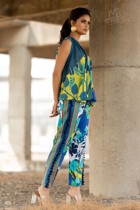Shop_Pooja-Keyur_Blue Silk, Cotton Satin Tassels V-neck Paradise Floral Print Top With Pant_Online_at_Aza_Fashions