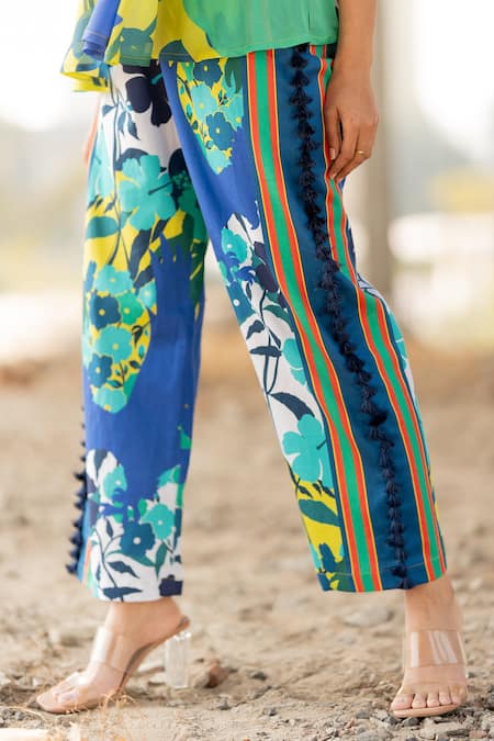 Pooja-Keyur_Blue Silk, Cotton Satin Tassels V-neck Paradise Floral Print Top With Pant_at_Aza_Fashions