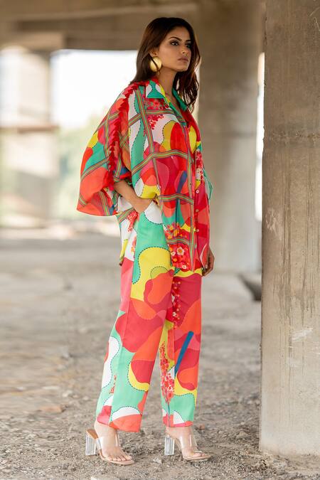 Pooja-Keyur_Multi Color Silk, Cotton Satin Tassels Collared Abstract Print Shirt With Pant_at_Aza_Fashions