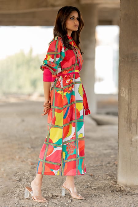 Buy_Pooja-Keyur_Multi Color Cotton Satin Tassels Collared Abstract Splash Print Trench Dress_Online_at_Aza_Fashions