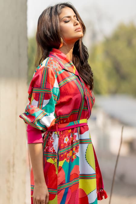 Shop_Pooja-Keyur_Multi Color Cotton Satin Tassels Collared Abstract Splash Print Trench Dress_Online_at_Aza_Fashions