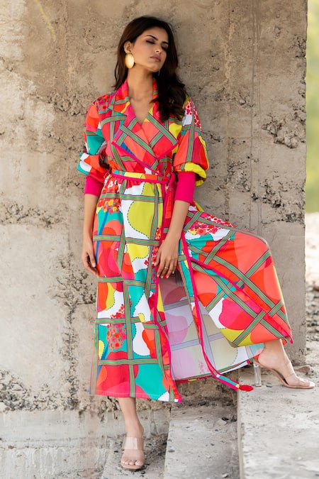 Pooja-Keyur_Multi Color Cotton Satin Tassels Collared Abstract Splash Print Trench Dress_at_Aza_Fashions