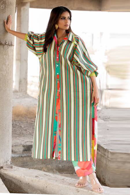 Pooja-Keyur_Green Cotton Satin Collared Stripe Pattern Shirt Tunic With Pant_Online_at_Aza_Fashions