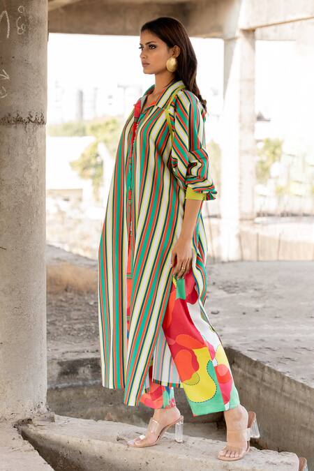 Buy_Pooja-Keyur_Green Cotton Satin Collared Stripe Pattern Shirt Tunic With Pant_Online_at_Aza_Fashions