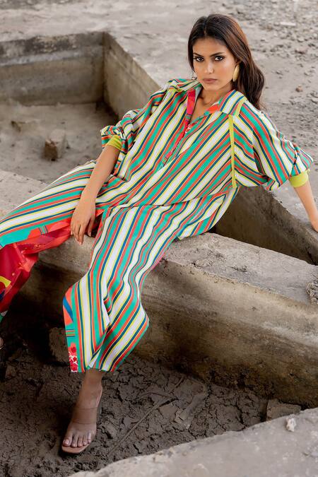Pooja-Keyur_Green Cotton Satin Collared Stripe Pattern Shirt Tunic With Pant_at_Aza_Fashions