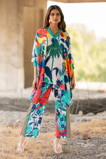 Pooja-Keyur_Multi Color , Cotton Tassels V-neck Paradise Print Kaftan With Pant_Online_at_Aza_Fashions