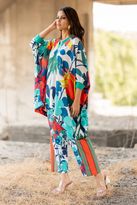 Buy_Pooja-Keyur_Multi Color , Cotton Tassels V-neck Paradise Print Kaftan With Pant_Online_at_Aza_Fashions