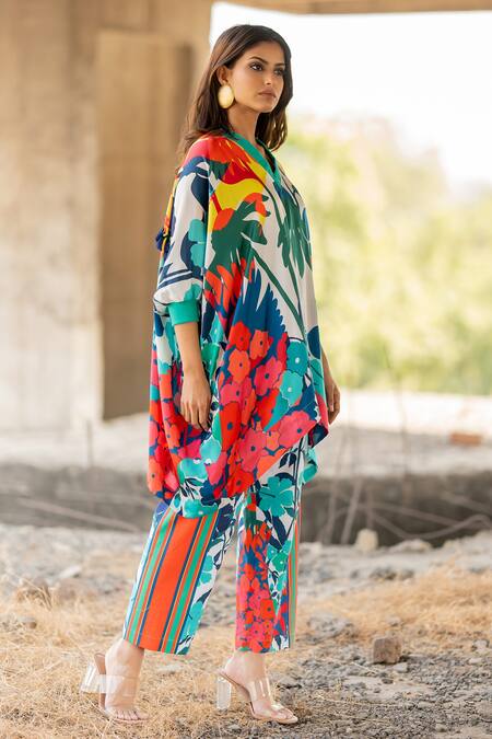 Shop_Pooja-Keyur_Multi Color , Cotton Tassels V-neck Paradise Print Kaftan With Pant_Online_at_Aza_Fashions