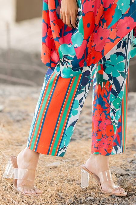 Pooja-Keyur_Multi Color , Cotton Tassels V-neck Paradise Print Kaftan With Pant_at_Aza_Fashions