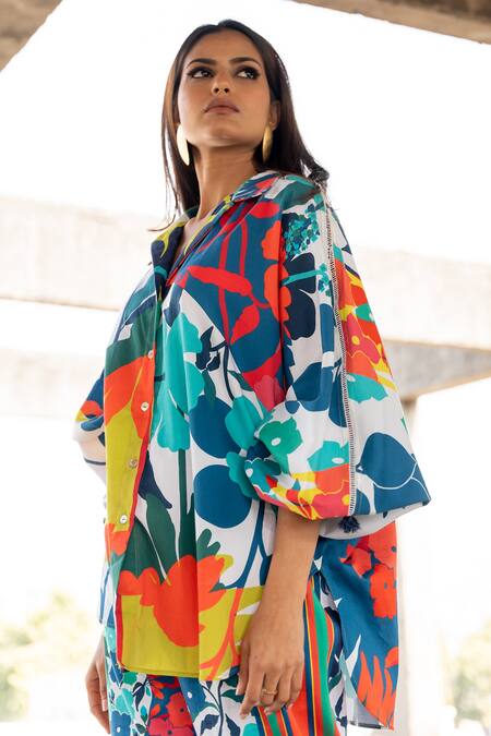 Pooja-Keyur_Blue Cotton Satin Embroidery Split Paradise Print Balloon Sleeve Shirt With Pant_Online_at_Aza_Fashions