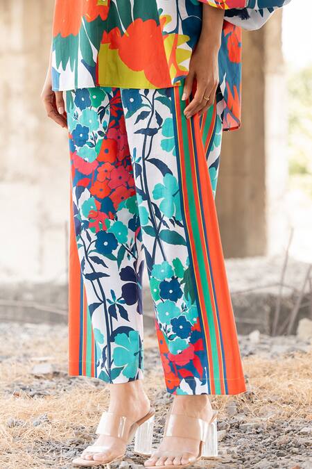 Shop_Pooja-Keyur_Blue Cotton Satin Embroidery Split Paradise Print Balloon Sleeve Shirt With Pant_Online_at_Aza_Fashions