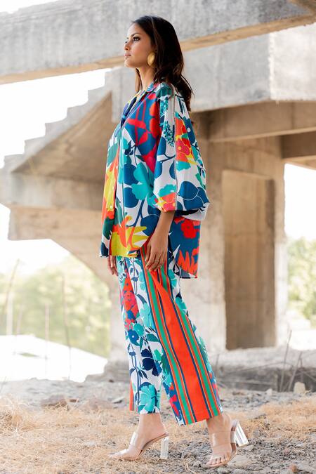 Pooja-Keyur_Blue Cotton Satin Embroidery Split Paradise Print Balloon Sleeve Shirt With Pant_at_Aza_Fashions