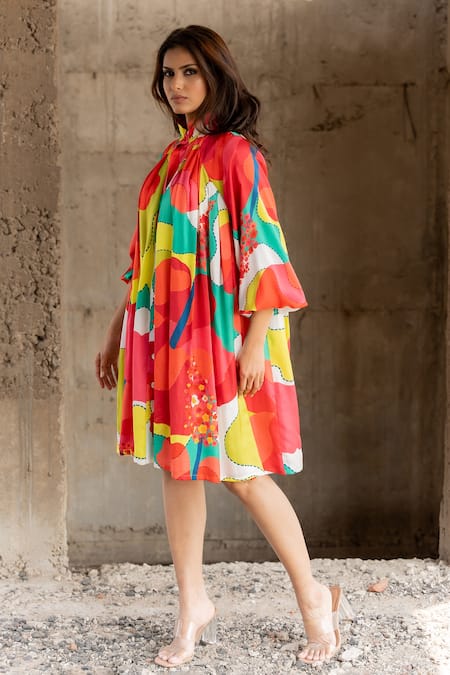 Pooja-Keyur_Multi Color Satin High Neck Abstract Splash Print Button Dow Dress_Online_at_Aza_Fashions