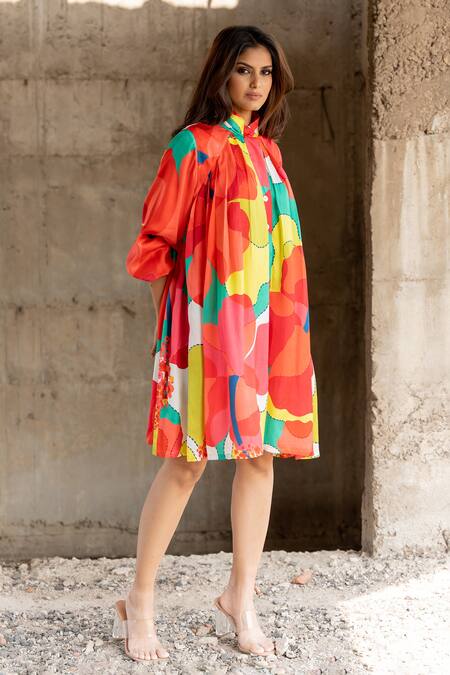 Buy_Pooja-Keyur_Multi Color Satin High Neck Abstract Splash Print Button Dow Dress_Online_at_Aza_Fashions