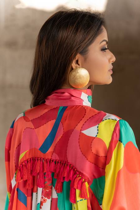 Shop_Pooja-Keyur_Multi Color Satin High Neck Abstract Splash Print Button Dow Dress_Online_at_Aza_Fashions