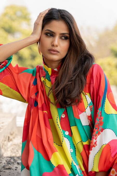 Pooja-Keyur_Multi Color Satin High Neck Abstract Splash Print Button Dow Dress_at_Aza_Fashions