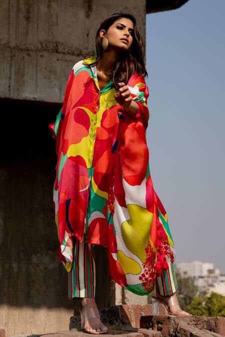 Pooja-Keyur Multi Color , Cotton Embroidery Abstract Print Long Kaftan With Pant Online at Aza Fashions Pooja-Keyur_Multi Color , Cotton Embroidery Abstract Print Long Kaftan With Pant_Online_at_Aza_Fashions