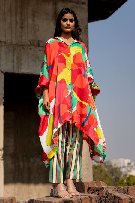 Pooja-Keyur Multi Color , Cotton Embroidery Abstract Print Long Kaftan With Pant at Aza Fashions Pooja-Keyur_Multi Color , Cotton Embroidery Abstract Print Long Kaftan With Pant_at_Aza_Fashions