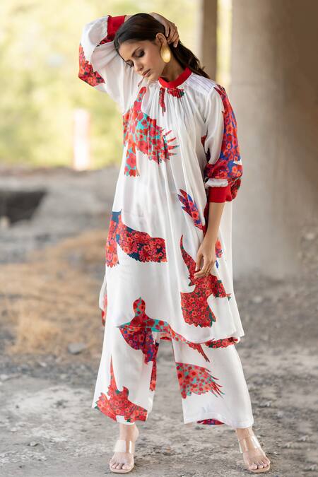 Pooja-Keyur_White Satin Embroidery High Neck Eagle Bloom Print Kurta With Pant_at_Aza_Fashions
