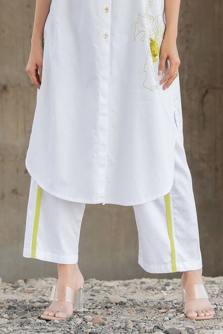Pooja-Keyur_White Cotton Satin Tassels, Artistic Abstraction Shirt Kurta And Pant Co-ord Set_Online_at_Aza_Fashions