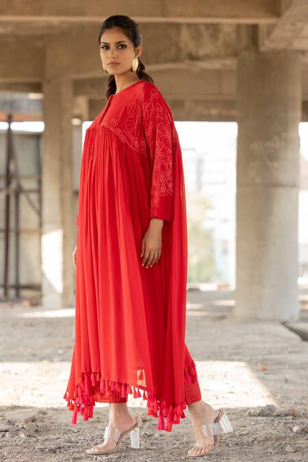 Pooja-Keyur_Red Viscose, Chanderi Artistic Abstraction Embroidered Anarkali And Pant Set_Online_at_Aza_Fashions