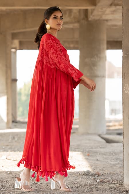 Buy_Pooja-Keyur_Red Viscose, Chanderi Artistic Abstraction Embroidered Anarkali And Pant Set_Online_at_Aza_Fashions