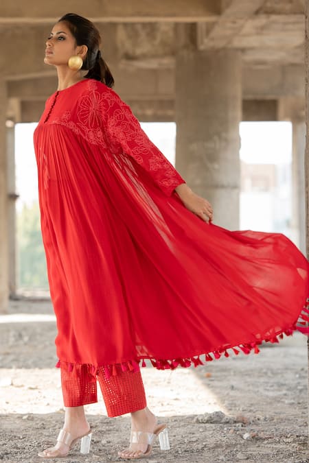 Shop_Pooja-Keyur_Red Viscose, Chanderi Artistic Abstraction Embroidered Anarkali And Pant Set_Online_at_Aza_Fashions
