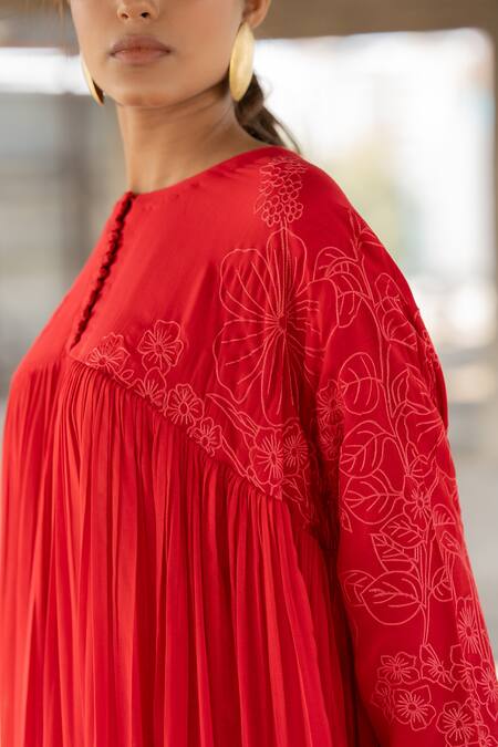 Pooja-Keyur_Red Viscose, Chanderi Artistic Abstraction Embroidered Anarkali And Pant Set_at_Aza_Fashions