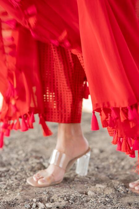 Buy_Pooja-Keyur_Red Viscose, Chanderi Artistic Abstraction Embroidered Anarkali And Pant Set