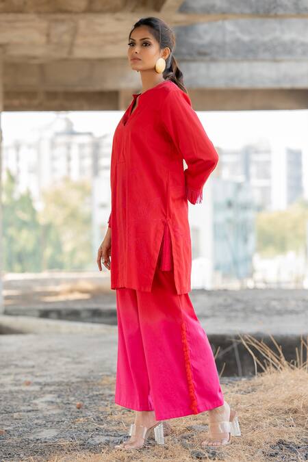Pooja-Keyur_Red Cotton Satin Tassels Artistic Abstraction Kurta And Ombre Pant Co-ord Set_Online_at_Aza_Fashions