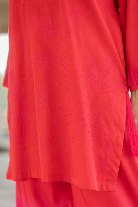 Buy_Pooja-Keyur_Red Cotton Satin Tassels Artistic Abstraction Kurta And Ombre Pant Co-ord Set_Online_at_Aza_Fashions