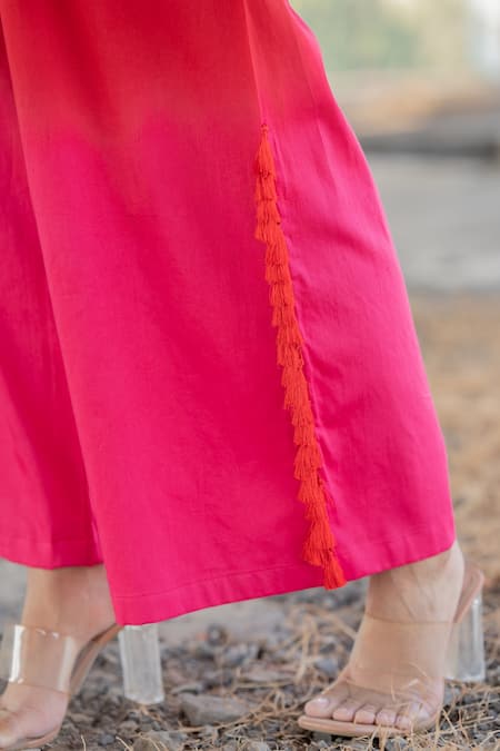 Shop_Pooja-Keyur_Red Cotton Satin Tassels Artistic Abstraction Kurta And Ombre Pant Co-ord Set_Online_at_Aza_Fashions