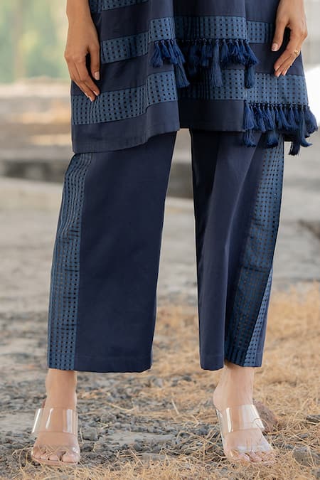 Pooja-Keyur_Blue Cotton Satin Tassels Artistic Abstraction Gathered Kurta And Pant Co-ord Set_Online_at_Aza_Fashions