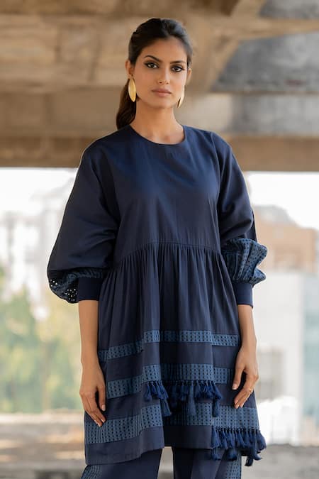 Buy_Pooja-Keyur_Blue Cotton Satin Tassels Artistic Abstraction Gathered Kurta And Pant Co-ord Set_Online_at_Aza_Fashions