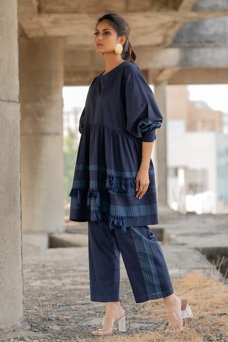 Shop_Pooja-Keyur_Blue Cotton Satin Tassels Artistic Abstraction Gathered Kurta And Pant Co-ord Set_Online_at_Aza_Fashions